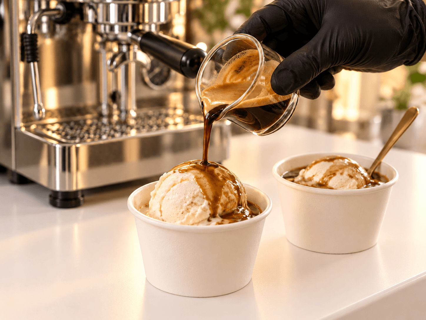 Fresh espresso poured over vanilla ice cream for a Reyes Coffee & Catering affogato service