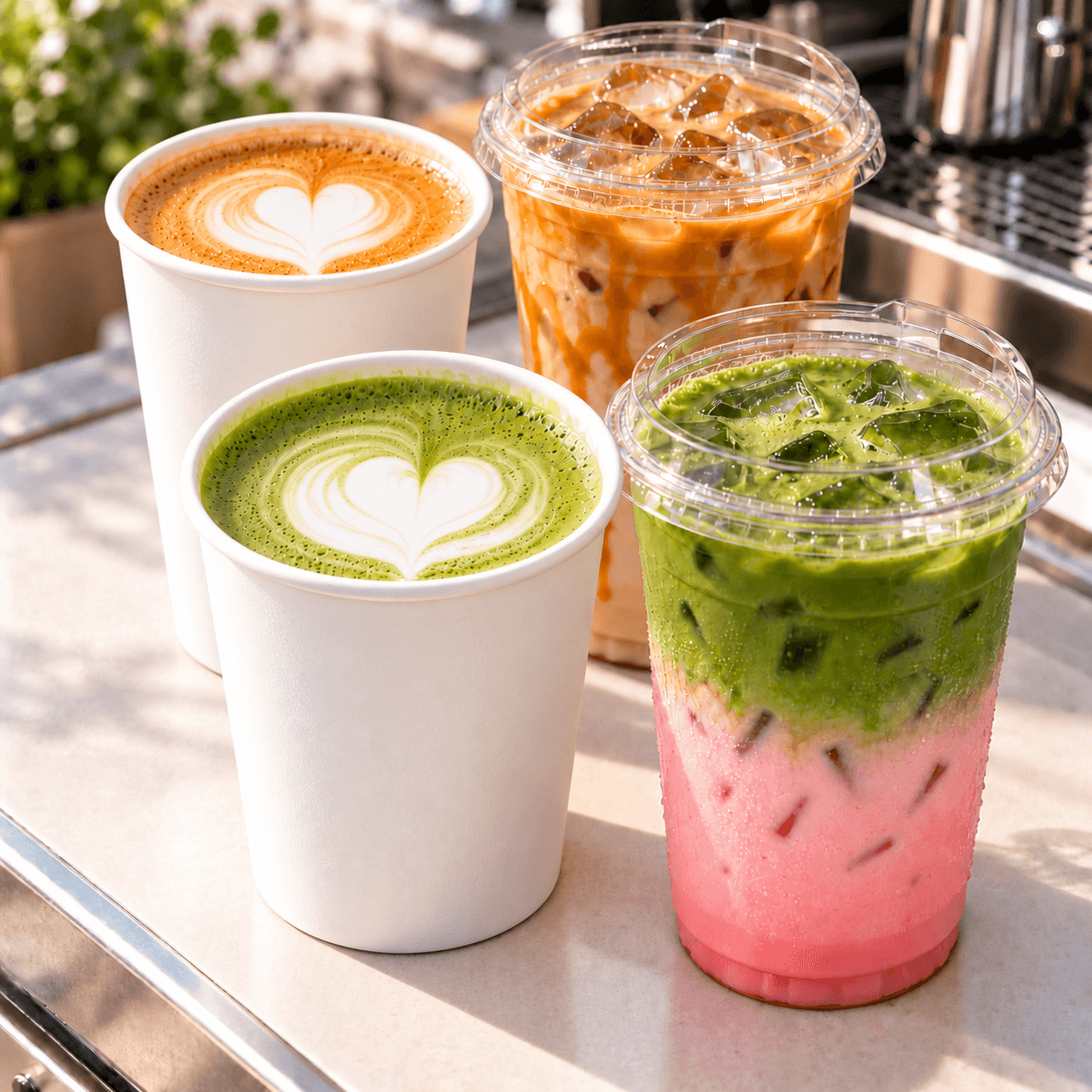 Hot coffee, iced coffee, and matcha drinks prepared for Reyes Coffee & Catering events
