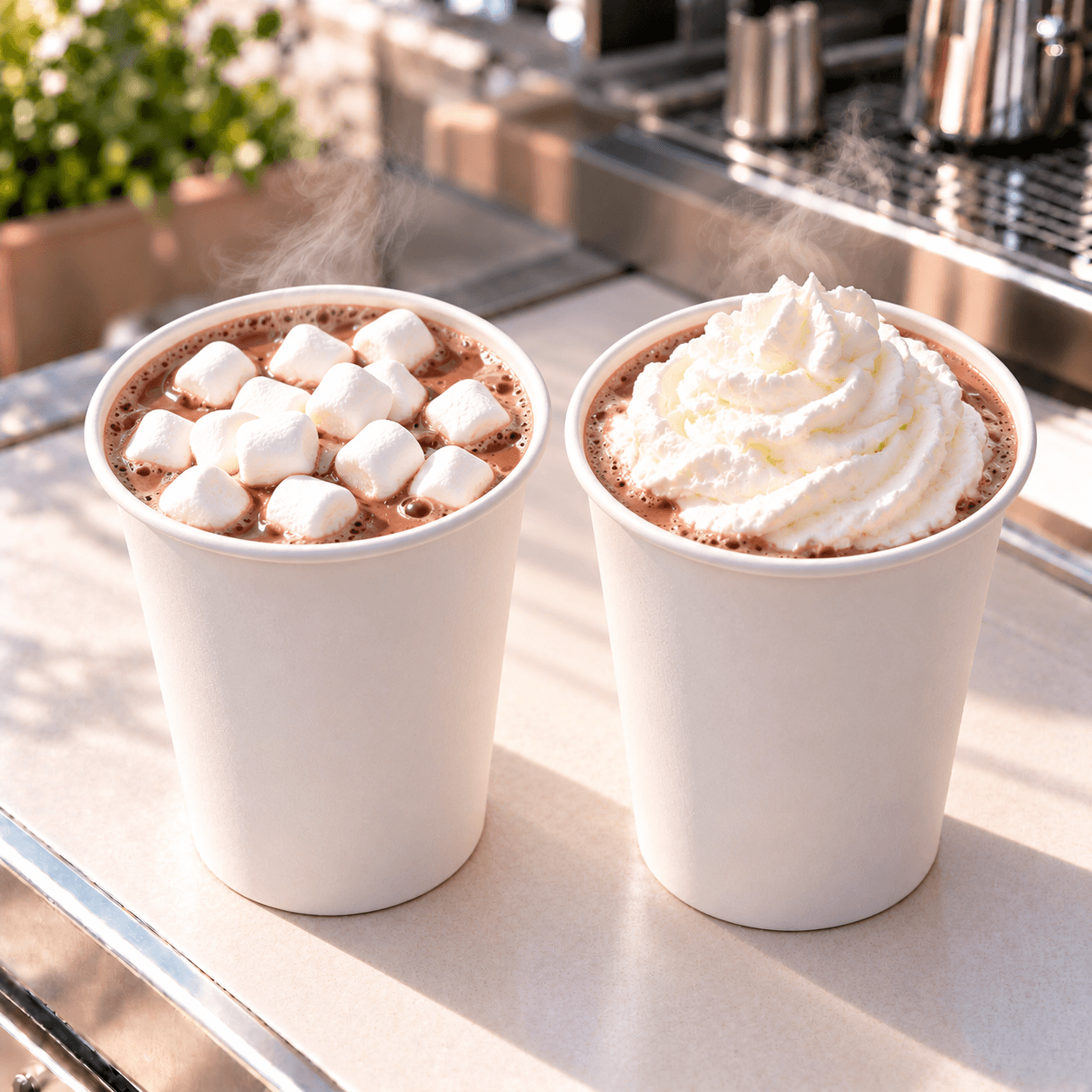 Two hot cocoa cups with marshmallows and whipped cream from Reyes Coffee & Catering