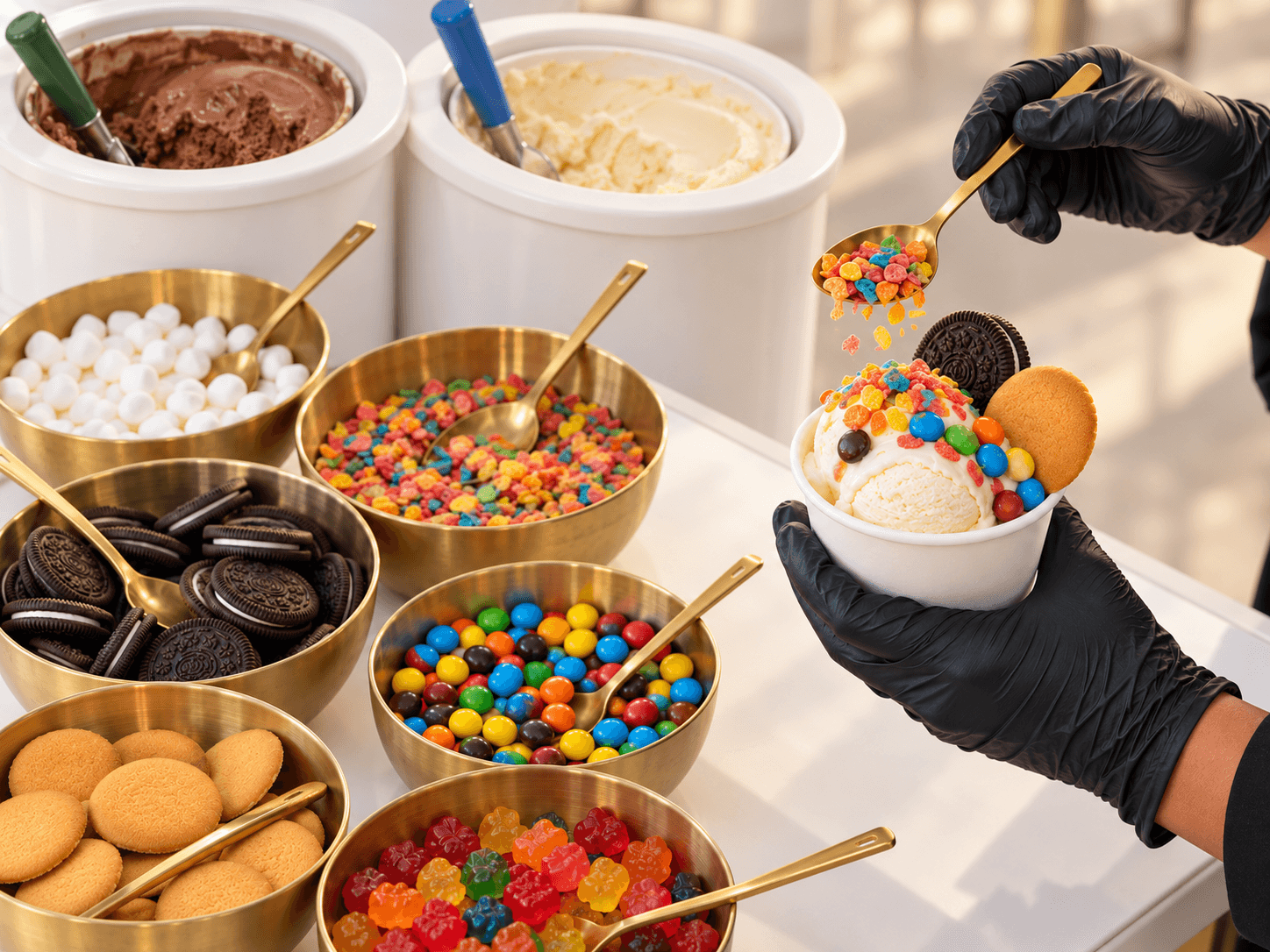 Ice cream cup with colorful toppings from the Reyes Coffee & Catering ice cream cart