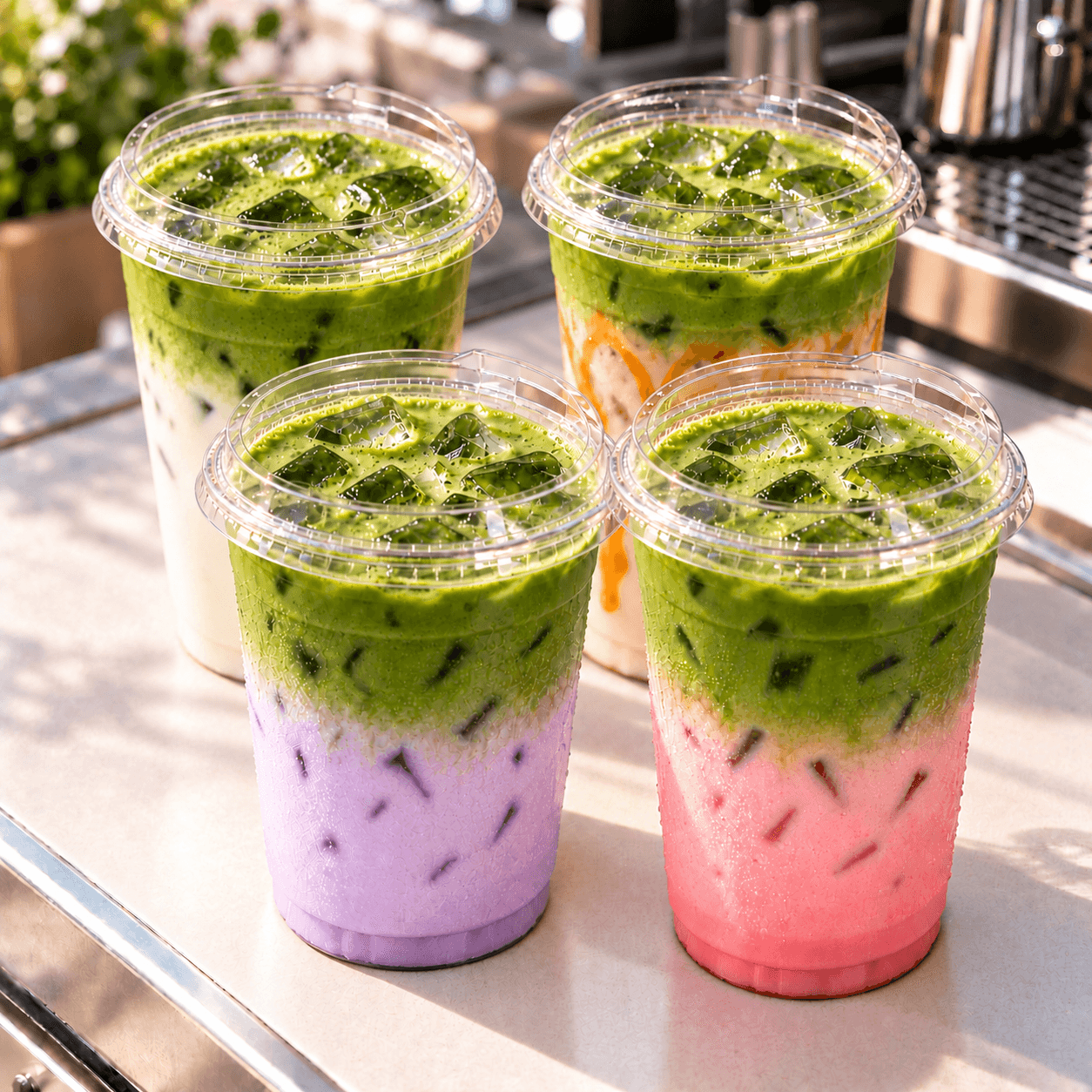 Layered iced matcha drinks prepared for a Reyes Coffee & Catering event