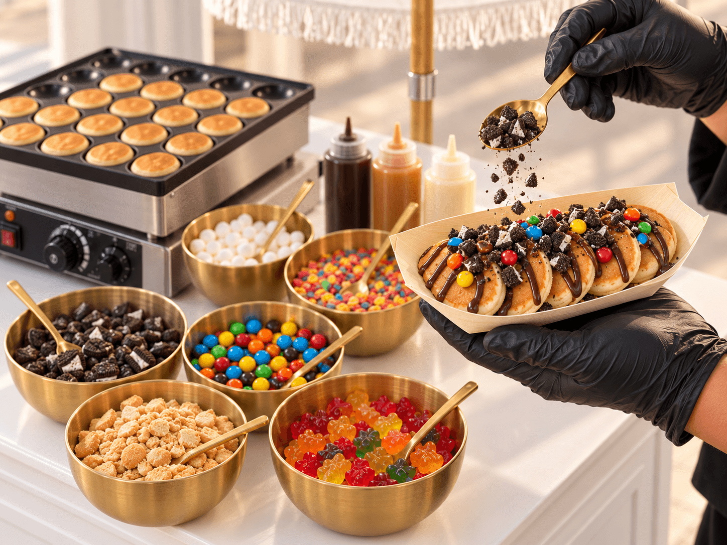 Mini pancakes with drizzles and toppings prepared for Reyes Coffee & Catering events